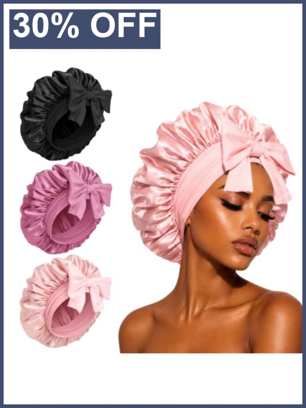3 Pack Satin Sleep Bonnet Adjustable Tie Band Hair Cap for Braids